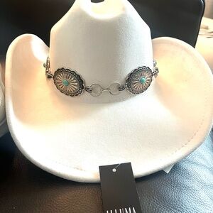 White Cowgirl Hat Silver Turquoise chain